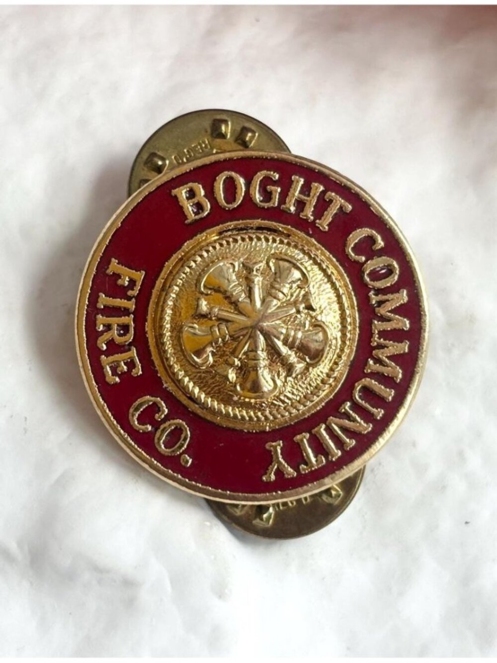 Boght Community Fire Co. Embossed Round Enameled Vintage Gold Toned Pin